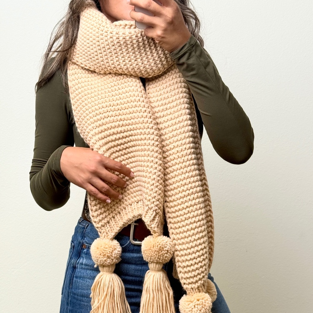Alba Huge Knitted Pom Tassel Scarf - Tan